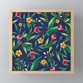 Floral pattern with colorful flowers and leaves on a dark blue background. Framed Mini Art Print