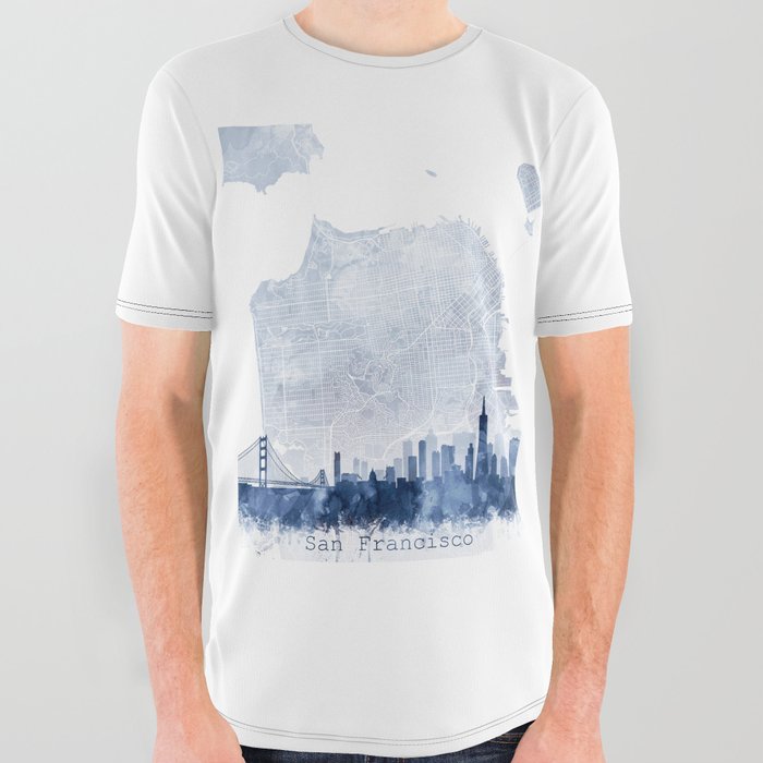 San Francisco Skyline & Map Watercolor Navy Blue, Print by Zouzounio Art All Over Graphic Tee