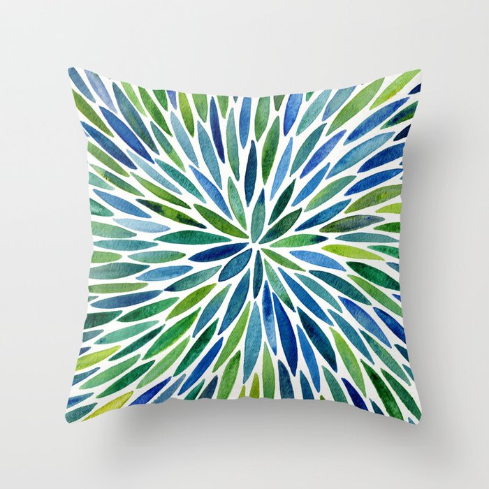 Watercolor Burst – Blue & Green Throw Pillow