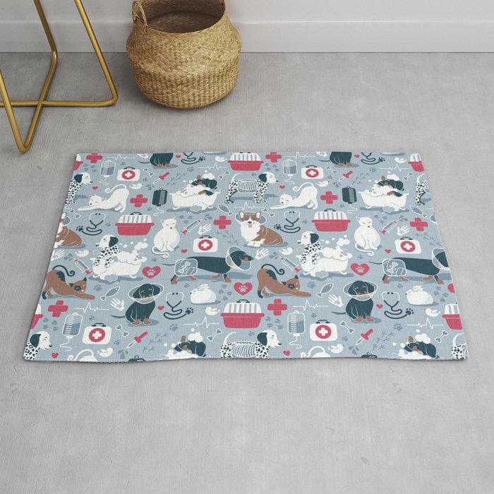 Veterinary medicine, happy and healthy friends // pastel blue background Rug