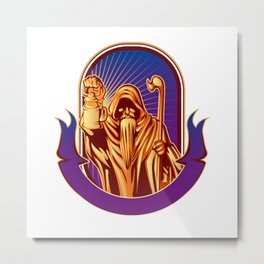 Hermit holding lamp Metal Print | Holyman, Hermit, Hermitart, Cartoon, Magician, Eremite, Gold, Church, Medieval, Wizard 