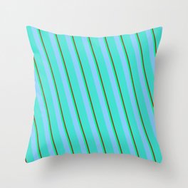 [ Thumbnail: Brown, Green, Light Sky Blue, and Turquoise Colored Striped/Lined Pattern Throw Pillow ]