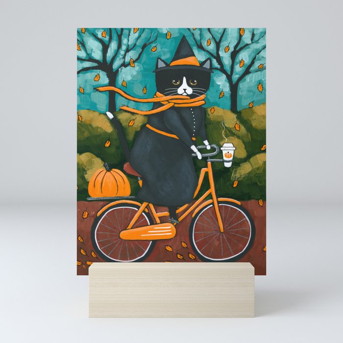 A Witchy Cat Autumn Bicycle Ride Mini Art Print