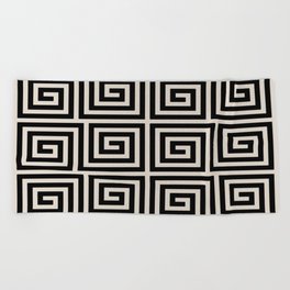 Greek Key Pattern 123 Black and Linen White Beach Towel