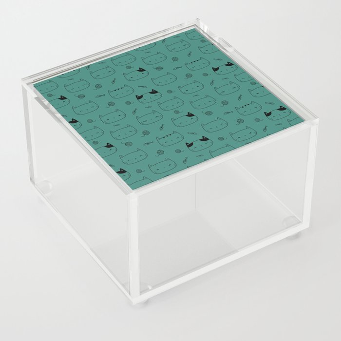 Green Blue and Black Doodle Kitten Faces Pattern Acrylic Box