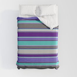 [ Thumbnail: Eye-catching Indigo, Turquoise, Light Gray, Slate Blue, and Dim Grey Colored Striped Pattern Duvet Cover ]