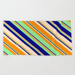 [ Thumbnail: Light Green, Blue, Bisque, and Dark Orange Colored Stripes/Lines Pattern Beach Towel ]