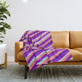 [ Thumbnail: Dark Violet, Turquoise, Salmon, and Indigo Colored Lined Pattern Throw Blanket ]