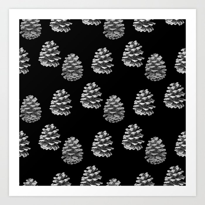 Pine Cones Monochrome on Black Art Print