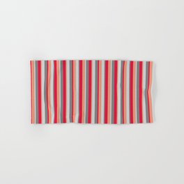 [ Thumbnail: Crimson, Gray, Light Grey, and Dark Salmon Colored Lines/Stripes Pattern Hand & Bath Towel ]