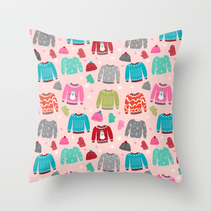 Sweater weather snow day cute pattern pink kids room decor gloves mittens beanie hats Throw Pillow