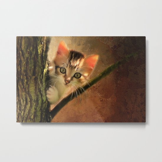 Little cute kitten on a tree Metal Print