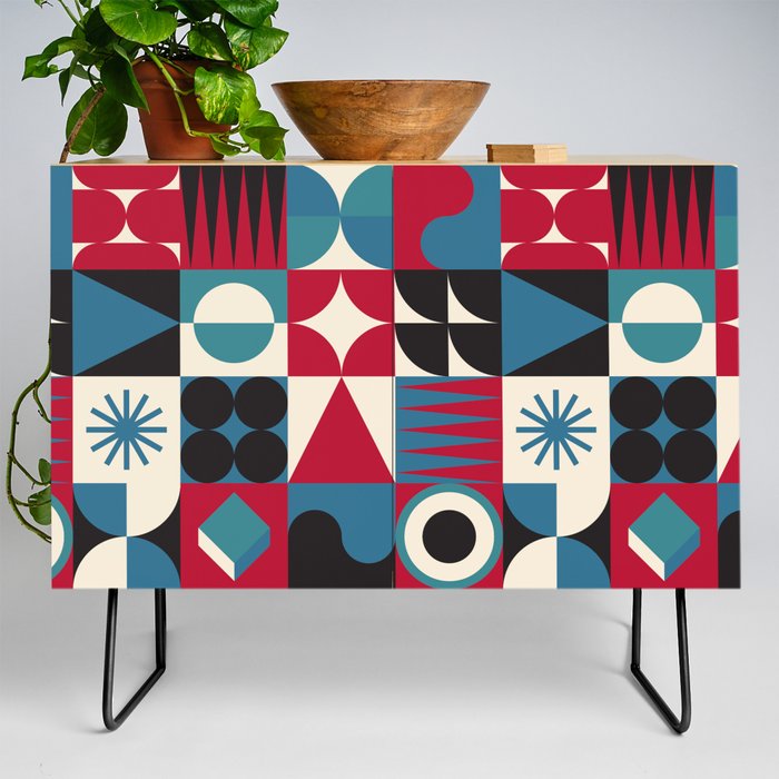 Funky neo geometry pattern vintage design with vibrant colors and simple shapes Credenza