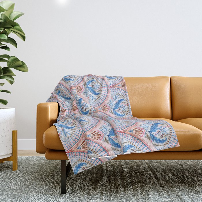 Art Deco Fresco in Sky Blue and Coral Throw Blanket