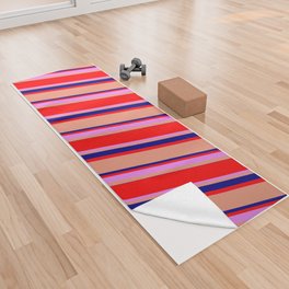 [ Thumbnail: Dark Salmon, Blue, Red, and Violet Colored Lines Pattern Yoga Towel ]
