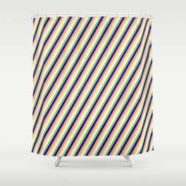 [ Thumbnail: Eyecatching Green, Blue, Brown, Tan & White Colored Lines Pattern Shower Curtain ]
