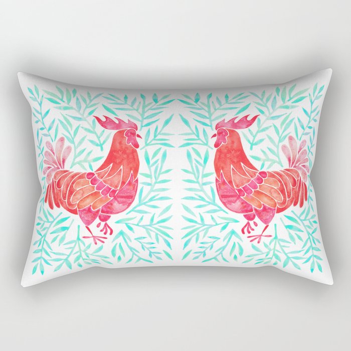 Le Coq – Watercolor Rooster with Mint Leaves Rectangular Pillow