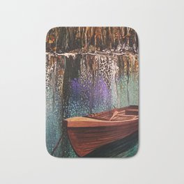 boat reflection Bath Mat | Magical, Mystical, Painting, Acrylic, Relection, Quiet, Fishing, Water, River 