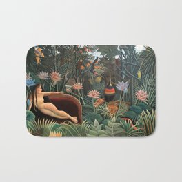 Henri Rousseau The Dream Bath Mat | Vintage, Thedream, Naiveart, Henrirousseau, Surreal, Lion, Jungle, Painting, Wildanimals, Lotusflowers 