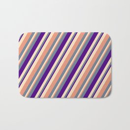 [ Thumbnail: Slate Gray, Indigo, Bisque & Dark Salmon Colored Stripes/Lines Pattern Bath Mat ]