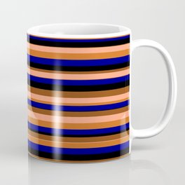 [ Thumbnail: Eyecatching Light Salmon, Chocolate, Blue, Black & Brown Colored Stripes/Lines Pattern Coffee Mug ]