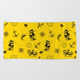 Yellow And Black Silhouettes Of Vintage Nautical Pattern Beach Towel