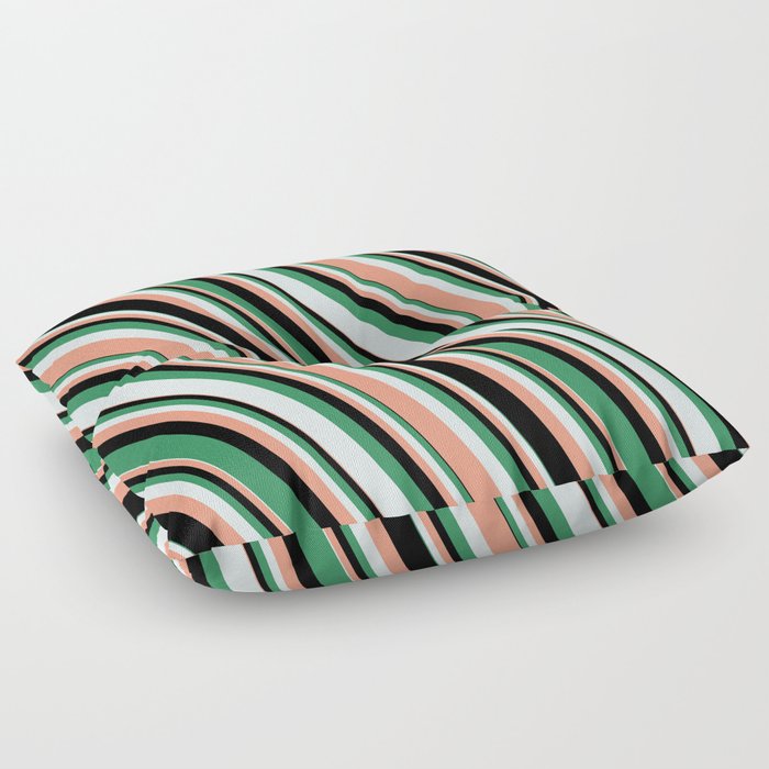 Sea Green, Light Cyan, Dark Salmon, and Black Colored Striped/Lined Pattern Floor Pillow