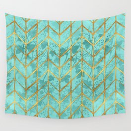 Gold Foil Herringbone on Tiffany Blue Ivy Watercolor Pattern Wall Tapestry