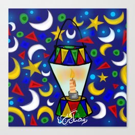 Colorful Ramadan Kareem celebration with lantern, stars and moon crescents on blue background Canvas Print
