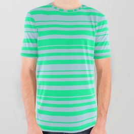 [ Thumbnail: Green & Light Blue Colored Striped Pattern All Over Graphic Tee ]