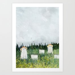 There's Ghosts By The Apiary Again... Art Print | Ghosts, Field, Creepy, Illustration, Cute, Apiary, Pineforest, Painting, Bees, Beekeeping 