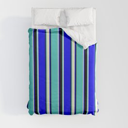 [ Thumbnail: Blue, Light Yellow, Turquoise, and Black Colored Striped/Lined Pattern Duvet Cover ]