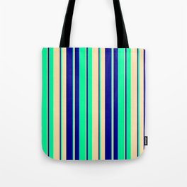 [ Thumbnail: Tan, Dark Blue & Green Colored Stripes/Lines Pattern Tote Bag ]