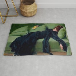 Decadent Young Woman After the Dance Vintage Illustration by Roman Casas 1899 Moss Green Navy Color Rug
