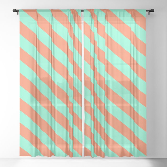 Aquamarine & Coral Colored Lined/Striped Pattern Sheer Curtain