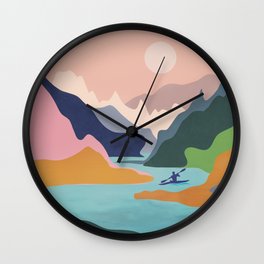 River Canyon Kayaking Wall Clock | Adventure, Summer, Mountain, Colorful, Graphicdesign, Boat, Forest, Ilustration, Man, Water 