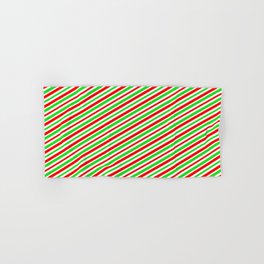 [ Thumbnail: Green, White, and Red Colored Striped/Lined Pattern Hand & Bath Towel ]