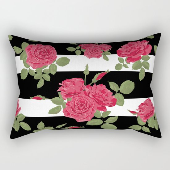 Red roses with horizontal stripes black white Rectangular Pillow