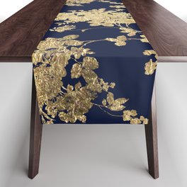 Elegant vintage navy blue faux gold flowers Table Runner