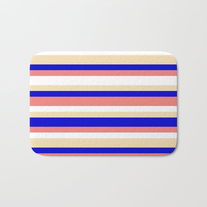 Blue, Light Coral, White & Tan Colored Lined/Striped Pattern Bath Mat