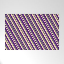 [ Thumbnail: Indigo, Dim Grey, and Tan Colored Lined Pattern Welcome Mat ]