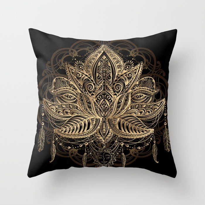 Lotus Black & Gold Throw Pillow