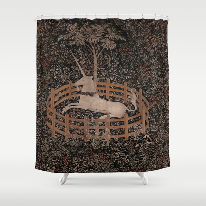 The Unicorn Rests in a Garden (from the Unicorn Tapestries) ,No.2, Shower Curtain