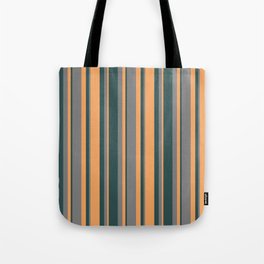 [ Thumbnail: Grey, Dark Slate Gray & Brown Colored Lined/Striped Pattern Tote Bag ]