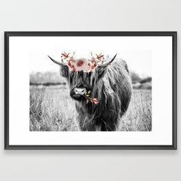 Highland Cow Landscape with Flowers Framed Art Print