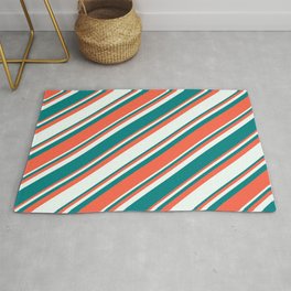 [ Thumbnail: Red, Mint Cream & Teal Colored Lines Pattern Rug ]