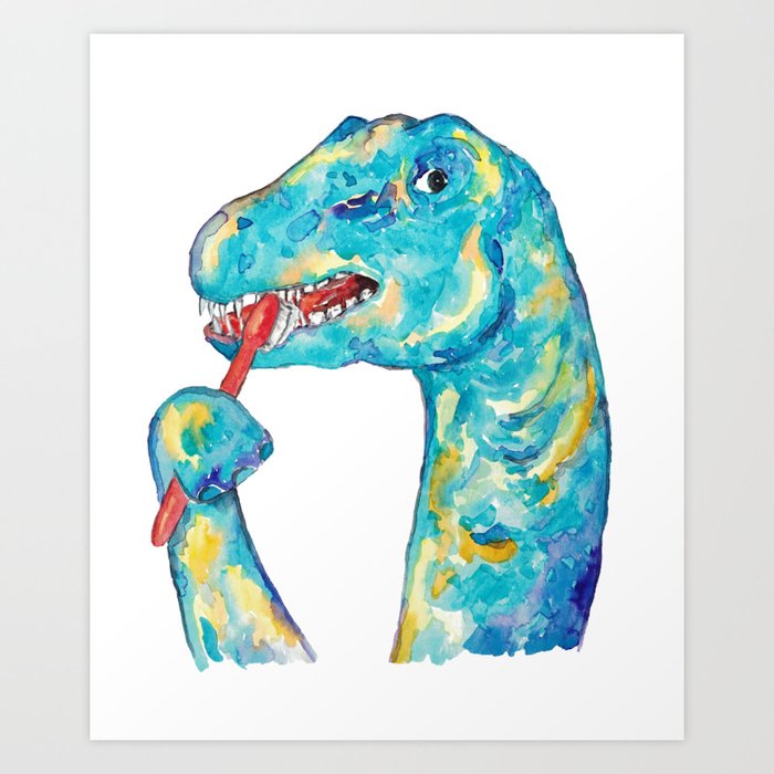 Brontosaurus brushing teeth dinosaur painting watercolour Art Print