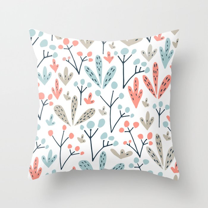 Coral Duck Egg Blue Greige Floral Leaves Throw Pillow