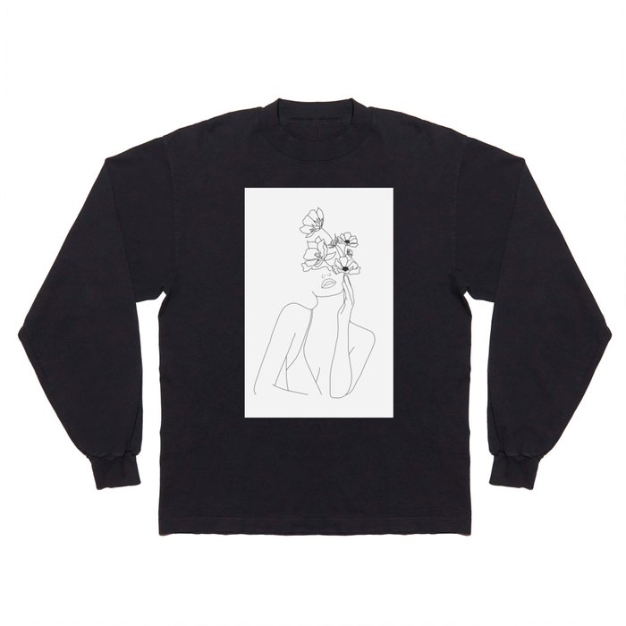 Minimal Line Art Woman with Flowers Long Sleeve T Shirt