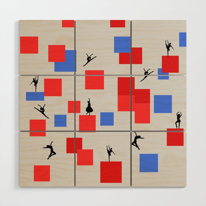 Dancing like Piet Mondrian - Composition in Color A. Composition with Red, and Blue on the light grey background Wood Wall Art